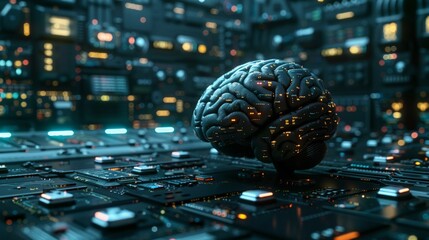 Braincomputer hacking scene, cybersecurity concept, tense and dark, digital warfare environment , sci-fi tone, technology