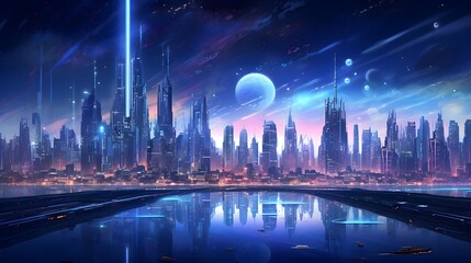 Futuristic night city panorama with neon lights. 3D rendering