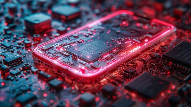 Electronic chip and CPU in mobile phone hardware. Repair and maintenance. Disassembled components, inside case of smartphone processor. Development concept with technology.