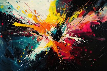 A painting of a colorful explosion with splatters of paint