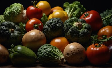 Still life of vegetables with a dark background., very realistic, 8k quality, hyper realistic, ultra realism