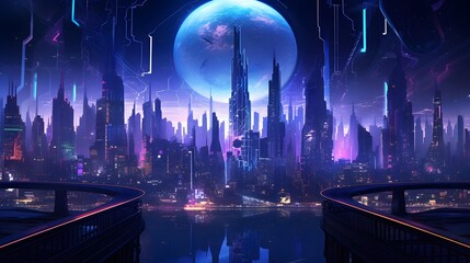 Futuristic city at night. Futuristic city with neon lights. Panorama