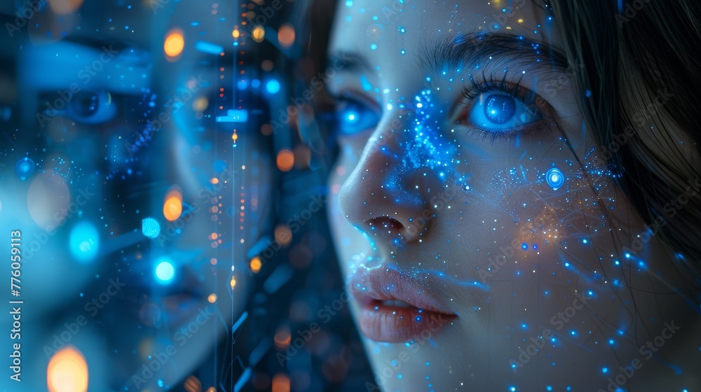 Leinwandbilder Robot woman with artificial intelligence fly in cyberspace in a virtual world of metaverse. Cyborg in virtual space of datum. Robot woman with AI in a retro futuristic concept banner.