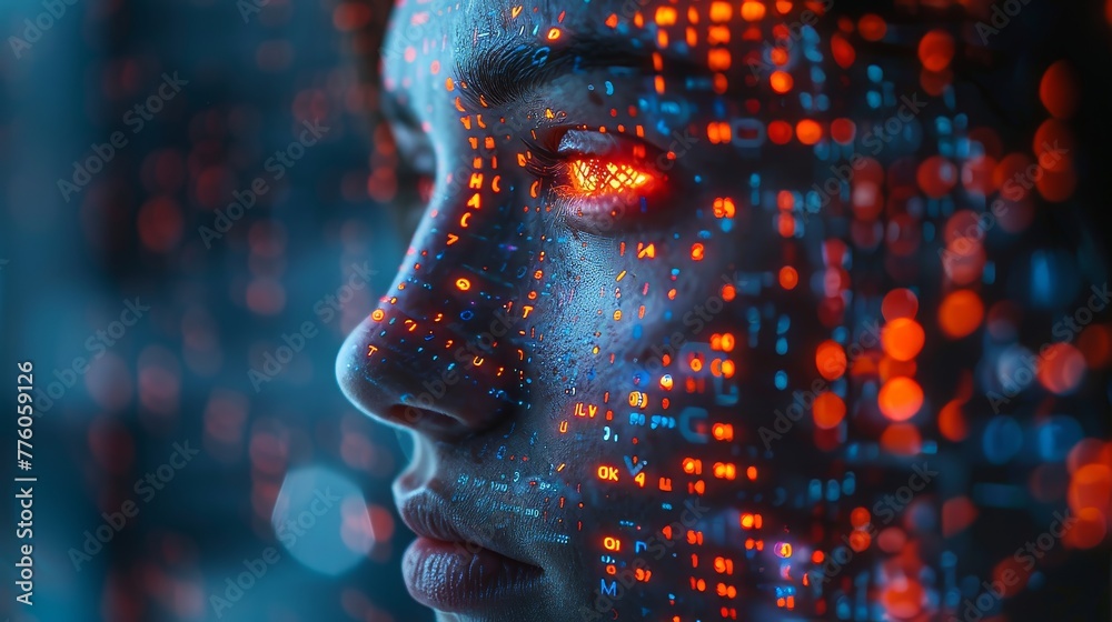 Poster The face of artificial intelligence looking at trading charts information. Neural networks analyzing finance economic data. Robot trader works on stock exchanges.