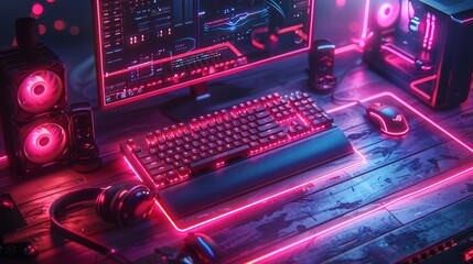 Isometric illustration of a gaming PC computer glowing in the dark. Neon lights of electronic parts of the system box computer.