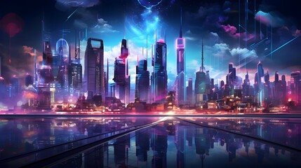 Panoramic view of modern city at night with neon lights. 3D rendering