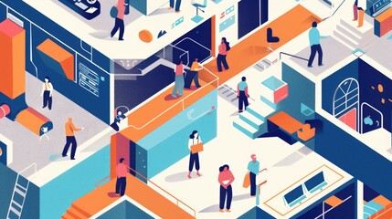 A cartoonish drawing of a busy city street with people walking around