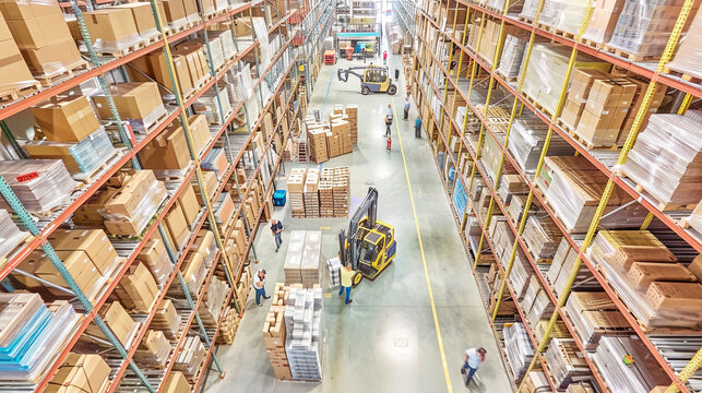 Warenlager mit gut organisierten Regalen und Stapeln von Kartons und Paletten. Mitarbeiter sind dabei, Waren zu kommissionieren, zu verpacken und für den Versand vorzubereiten. Gabelstapler und andere