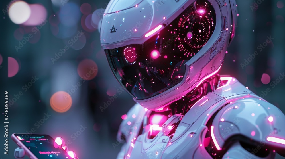 Aufkleber Artificial intelligence robot looking at logo AI hanging over phone in hand. Futuristic digital technology of data processing. Robot or cyborg analyzing big data.