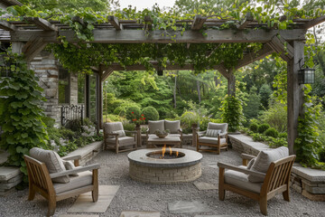 Inviting garden patio with fire pit and string lights