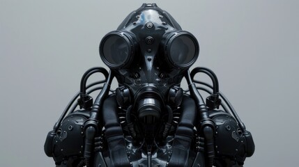 Illustration of a formidable mecha robot clad in full body armor and wearing a gas mask - obrazy, fototapety, plakaty
