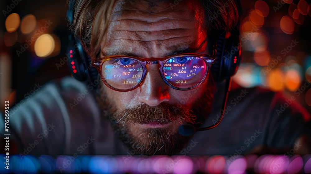 Poster Computer coder programming on computer. Portrait of a man with headset, glasses looking at codes on screen computer. Hacker.