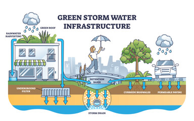 Green storm water infrastructure with rain absorption methods outline diagram, transparent background. Labeled educational scheme with stormwater harvesting. - obrazy, fototapety, plakaty
