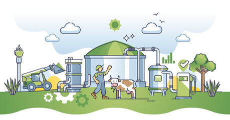 Biogas plant with renewable green bio gas fuel production outline concept, transparent background. Agricultural alternative power generation from livestock methane vapors illustration.