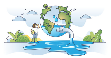 Water conservation and planet H2O resource protection outline concept, transparent background. Environmental, ecological and responsible aqua usage for fresh and clean water drinking illustration.