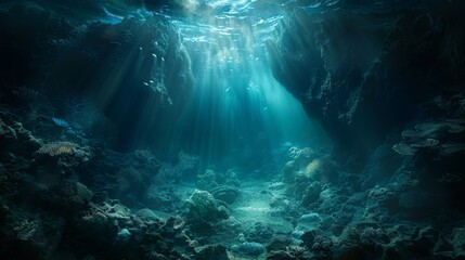 Ethereal underwater scene capturing the essence of the Challenger Deep, ideal for concept art and fantasy-themed designs. - obrazy, fototapety, plakaty