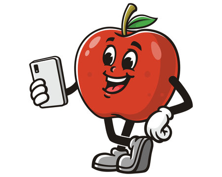 Apple holding gadget cartoon mascot illustration character vector clip art hand drawn