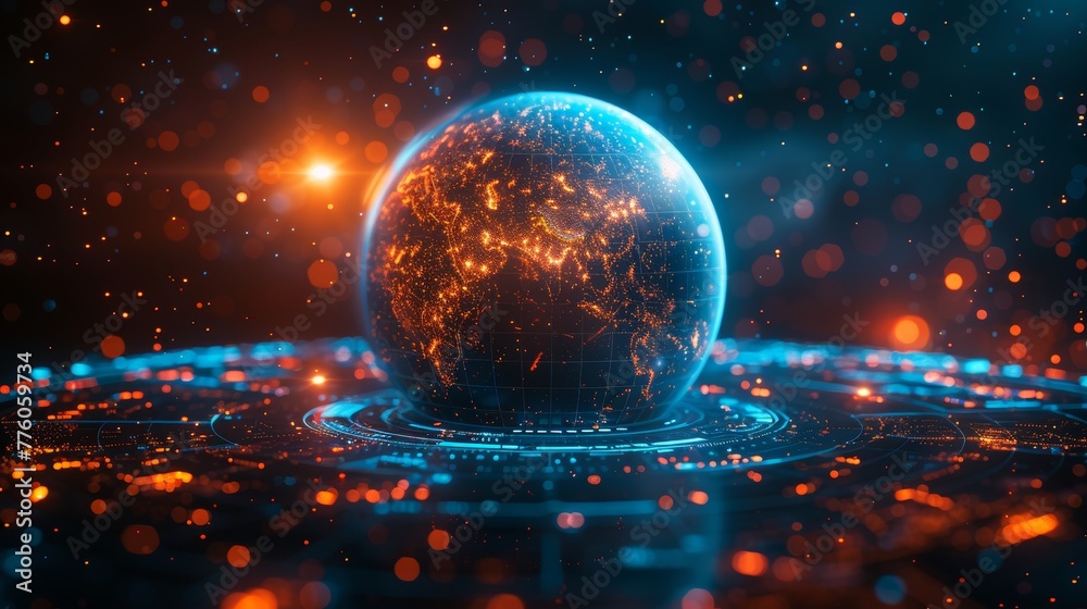 Aufkleber An earth globe with light dots on a dark background. Conceptual illustration of an Earth day globe hanging over a dashboard. A holographic globe in a style similar to modern computer games.