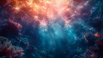 Mesmerizing underwater world inspired by the Challenger Deep, with surreal elements and vibrant colors. - obrazy, fototapety, plakaty