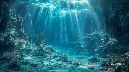 Mystical underwater landscape evoking the depths of the Challenger Deep, ideal for fantasy-themed projects. - obrazy, fototapety, plakaty