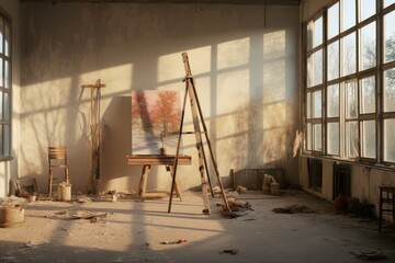 Artist's studio,An empty artist's studio bathed in the soft dawn light, Ai generated