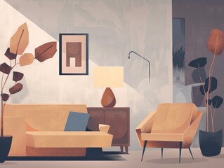 A cartoonish drawing of a living room with a couch, chair, and a potted plant