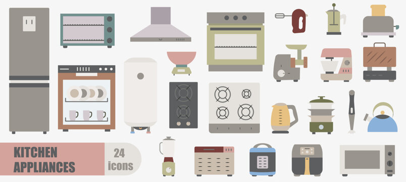 A set of kitchen appliances. A simple set of colored kitchen appliances. Vector icons.