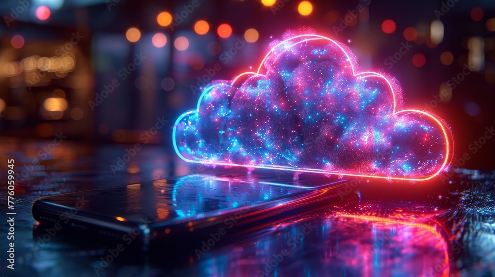 Poster Cloud computing background concept. Data upload in internet online storage through smartphone. Cell phone syncs information with online cloud storage.