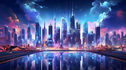 Night city panorama with skyscrapers and river. Vector illustration