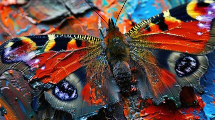 Artistic portrayal of a butterfly on canvas using oil paint, highlighting the insect's graceful flight and ephemeral beauty with delicate brushstrokes and rich, luminous colors.
