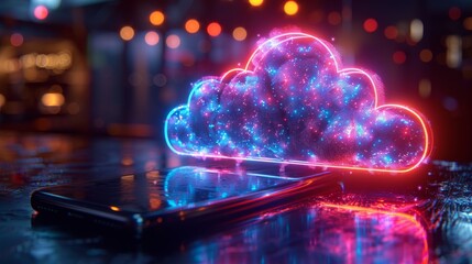 Cloud computing background concept. Data upload in internet online storage through smartphone. Cell phone syncs information with online cloud storage. - obrazy, fototapety, plakaty