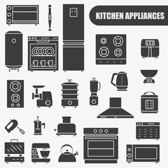 Set of kitchen appliances in dark color. A simple set of kitchen appliances. Vector icons.
