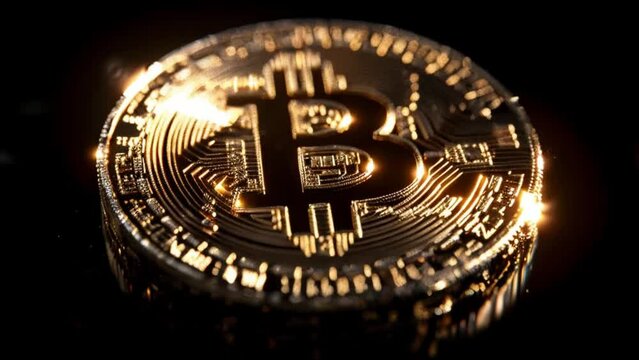 Shiny golden Currency with Bitcoin symbol. Cripto money, e-commerce finance virtual digital exchange concept. Gold sparkles on dark background