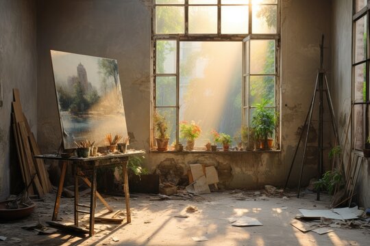 Artist's studio,An empty artist's studio bathed in the soft dawn light, Ai generated