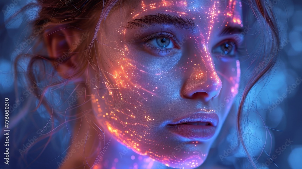 Poster online chat bot with artificial intelligence on screen smartphone. face of futuristic woman on avata