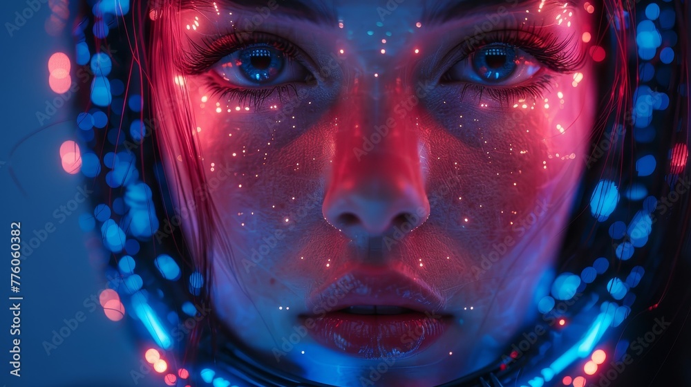 Fototapete an artificial intelligence robot woman and ai flying in cyberspace in a metaverse. a cyborg in a vir