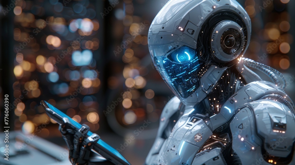 Fototapete Artificial intelligence robot views logo AI hanging over phone in hand. Digital tech of the future of data analysis. Robot or cyborg analyze big data.