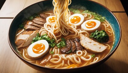 A steaming bowl of ramen noodles, adorned with sliced pork, boiled eggs, and greens, offering a feast for the senses