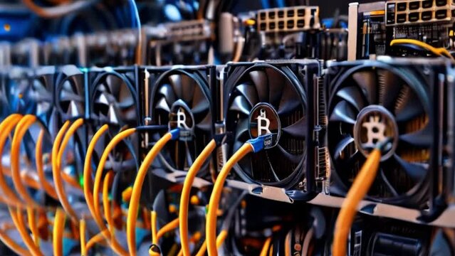 Mining equipment racks mine cryptocurrency. Blockchain technology application-specific integrated circuit data center. Server room. Cripto money, e-commerce finance virtual digital exchange concept.