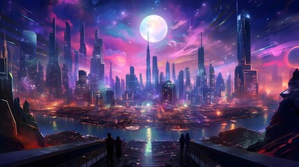 Futuristic city at night 3d illustration. Futuristic city landscape.