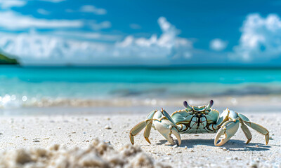A beautiful beach white sand beach and turquoise water with a crab. Holiday summer beach background.  - 776060538