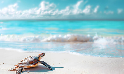 A beautiful beach white sand beach and turquoise water with a turtle. Holiday summer beach background.  - 776060564