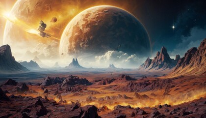 A breathtaking view of an alien desert under a sky dominated by the impressive rings of a nearby planet.