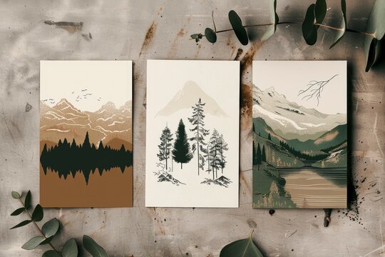 Three paintings of mountains and trees