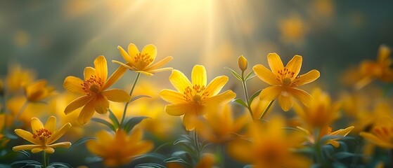 Vibrant Closeup of St John's Wort Flowers with Sunlight Shining Through. Concept Wildflower Photography, Nature Closeups, Backlit Botanicals - obrazy, fototapety, plakaty