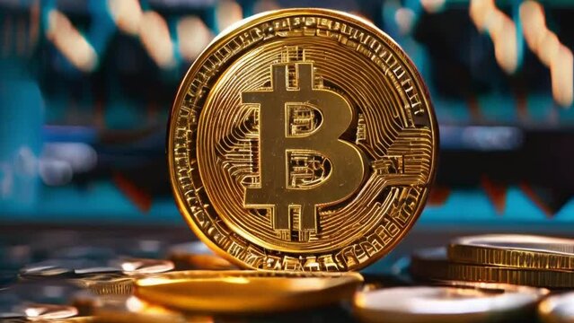 Shiny golden Currency with Bitcoin symbol. Cripto money, e-commerce finance virtual digital exchange concept. Gold sparkles on dark background