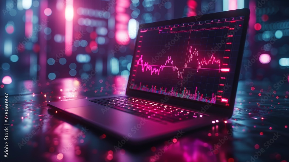 Aufkleber An isometric laptop on a desk with an interface for financial services. Fintech technology for trading and exchanging money, company shares.