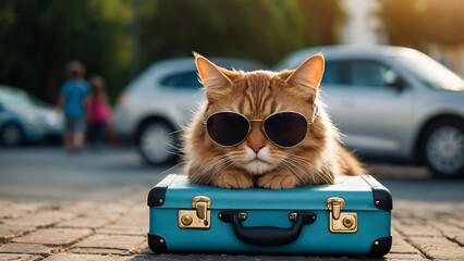 Cute Bengal cat in sunglasses sitting on travel suitcase. Pet Travel concept. Tours