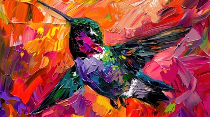 Oil painting on canvas of a graceful hummingbird, capturing its delicate beauty and swift movements with intricate brushwork and vibrant, iridescent colors.
