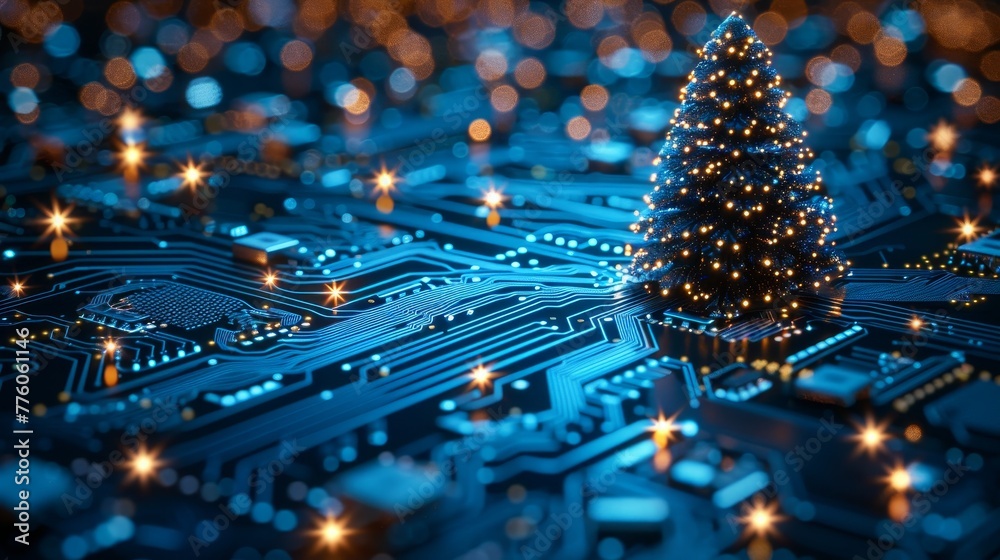 Aufkleber The card template features a Christmas tree from the year 2024 on a printed circuit board, with snowflakes and electronic pulses. It's a New Year and Happy Holidays card template in the style of new